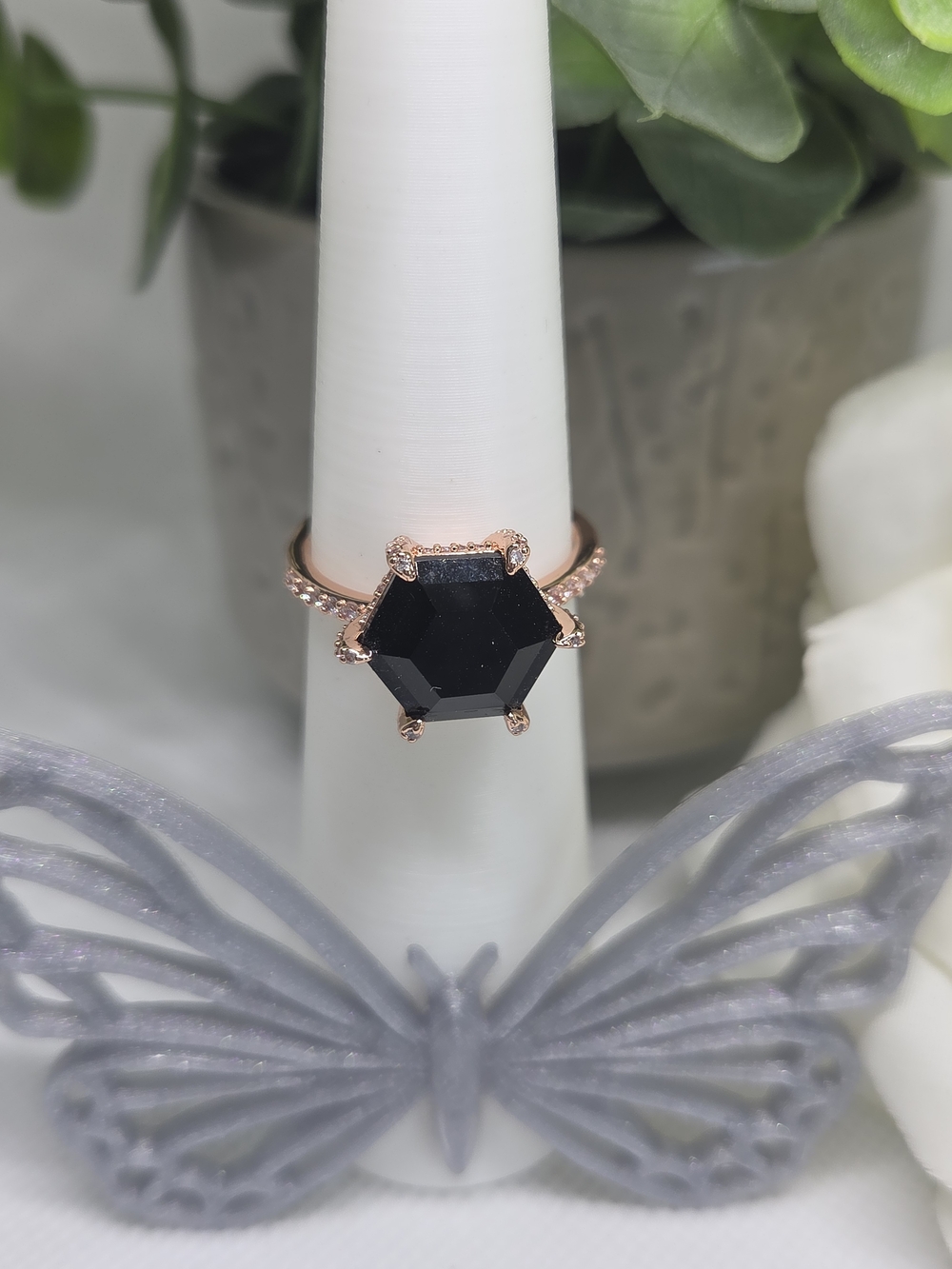 BP Rose Gold Ring with Black Hexagon Gemstone